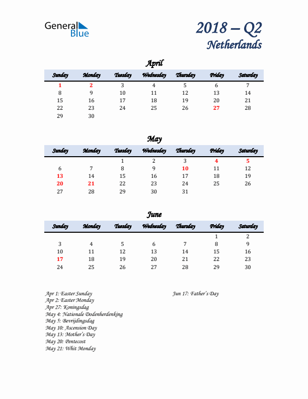 April, May, and June Calendar for The Netherlands with Sunday Start