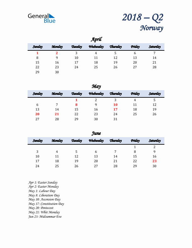 April, May, and June Calendar for Norway with Sunday Start