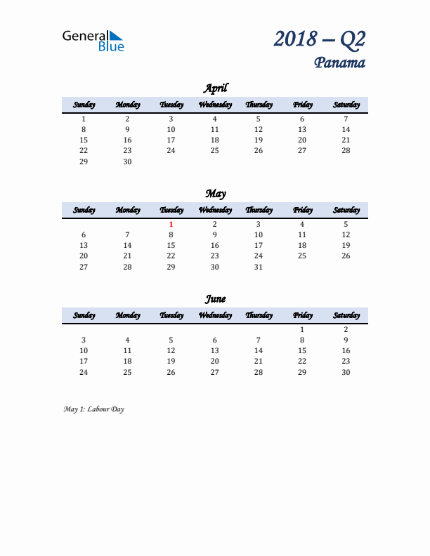 April, May, and June Calendar for Panama with Sunday Start