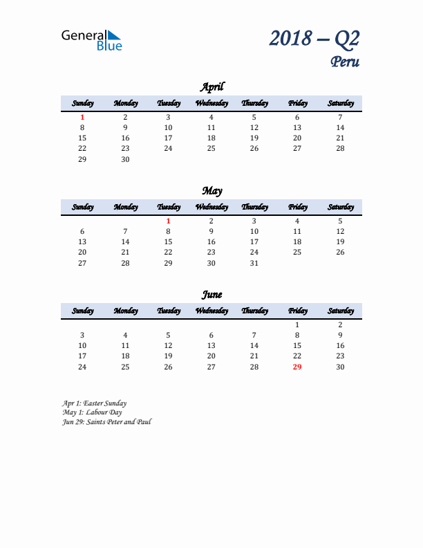 April, May, and June Calendar for Peru with Sunday Start