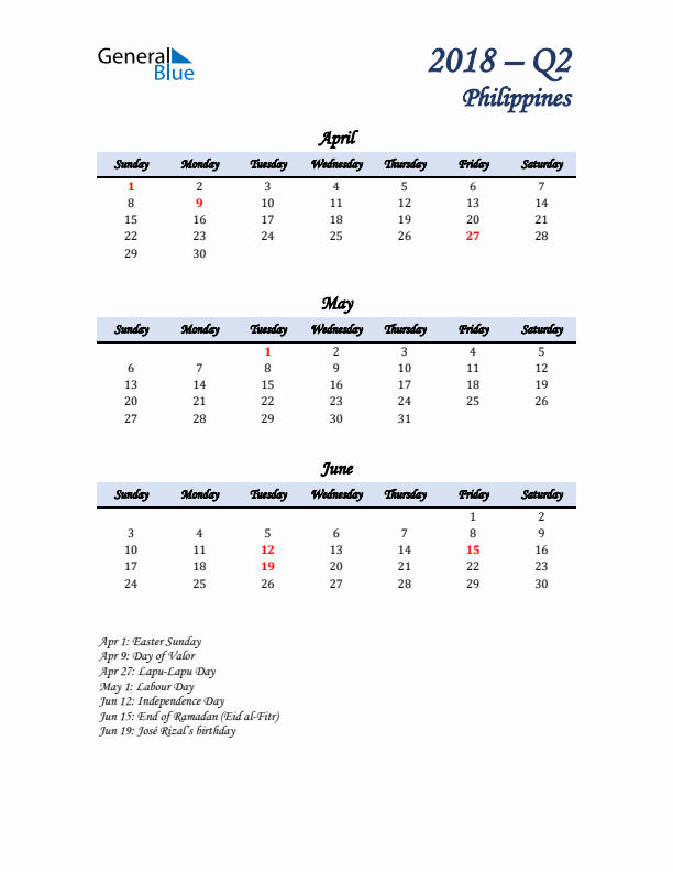 April, May, and June Calendar for Philippines with Sunday Start