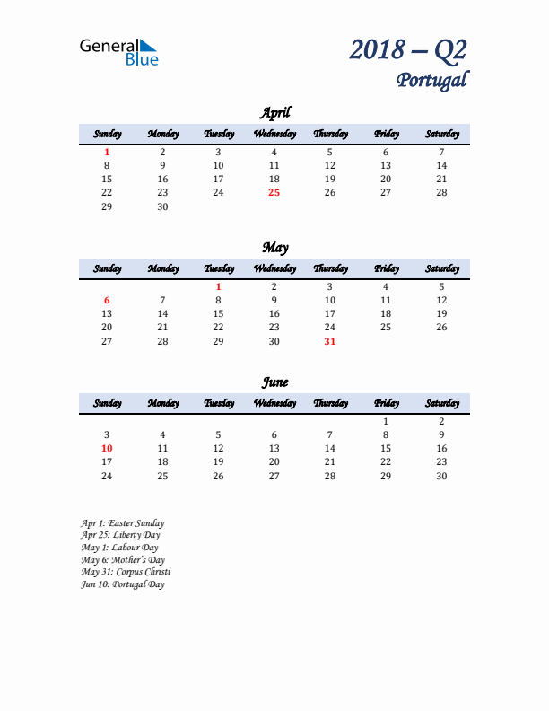 April, May, and June Calendar for Portugal with Sunday Start