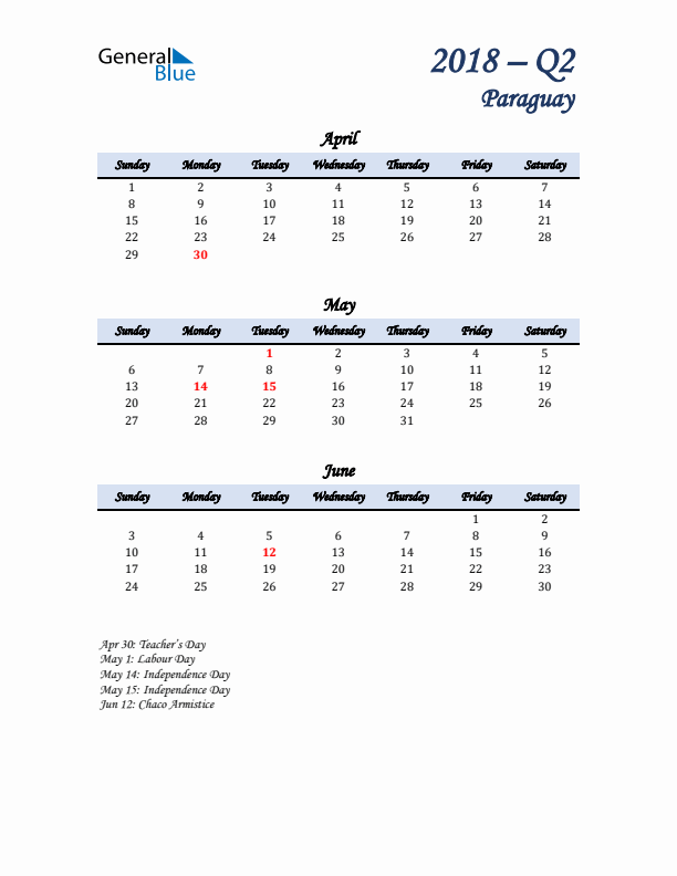 April, May, and June Calendar for Paraguay with Sunday Start