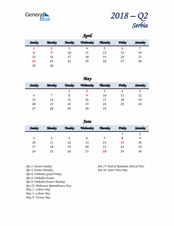 April, May, and June Calendar for Serbia with Sunday Start