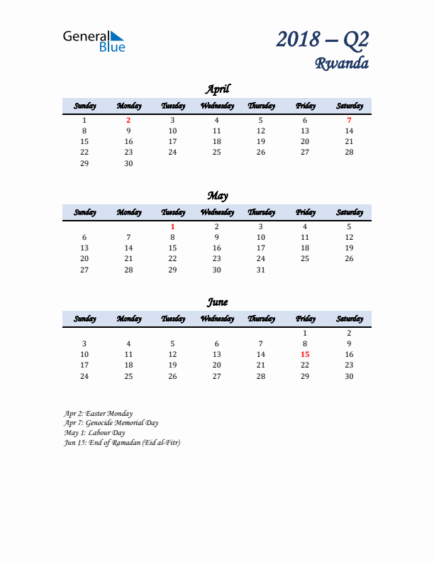 April, May, and June Calendar for Rwanda with Sunday Start