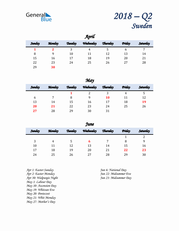 April, May, and June Calendar for Sweden with Sunday Start