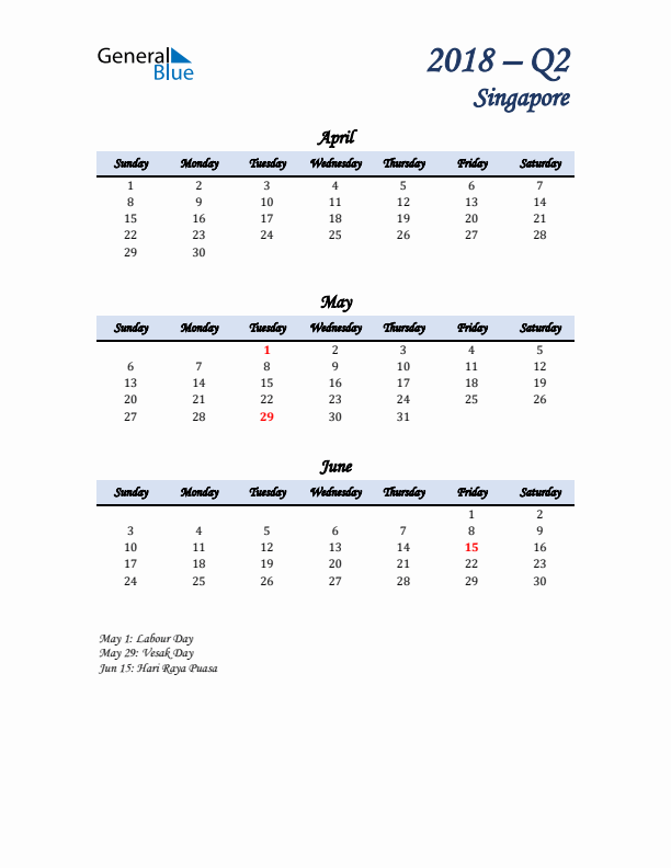 April, May, and June Calendar for Singapore with Sunday Start