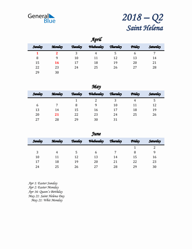 April, May, and June Calendar for Saint Helena with Sunday Start