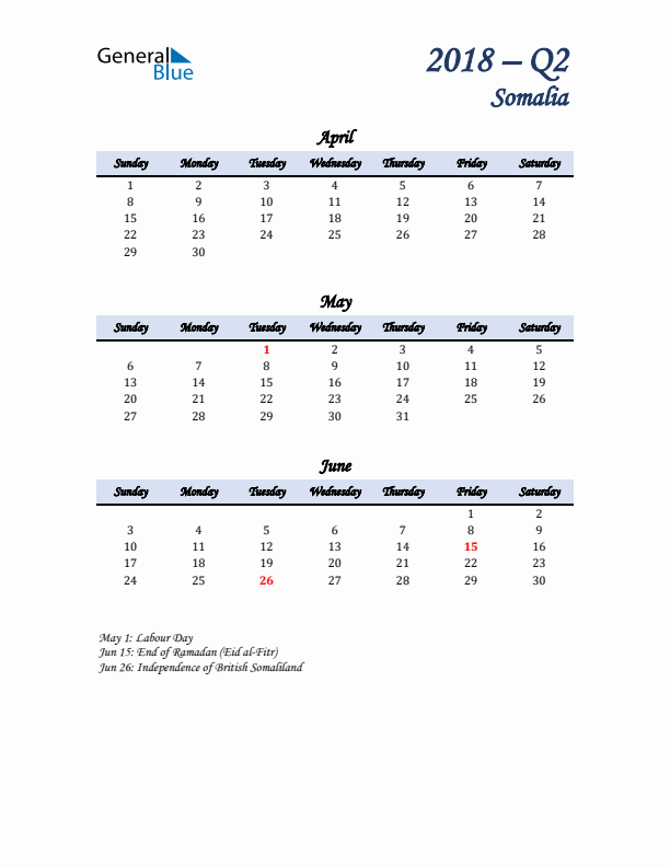 April, May, and June Calendar for Somalia with Sunday Start