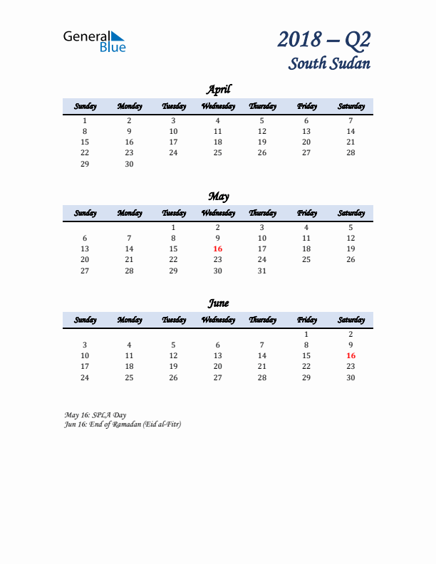 April, May, and June Calendar for South Sudan with Sunday Start