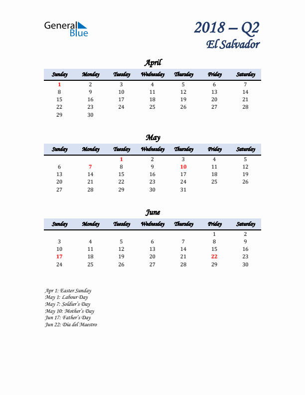 April, May, and June Calendar for El Salvador with Sunday Start