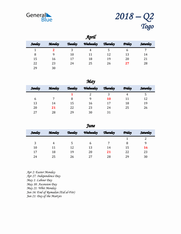 April, May, and June Calendar for Togo with Sunday Start