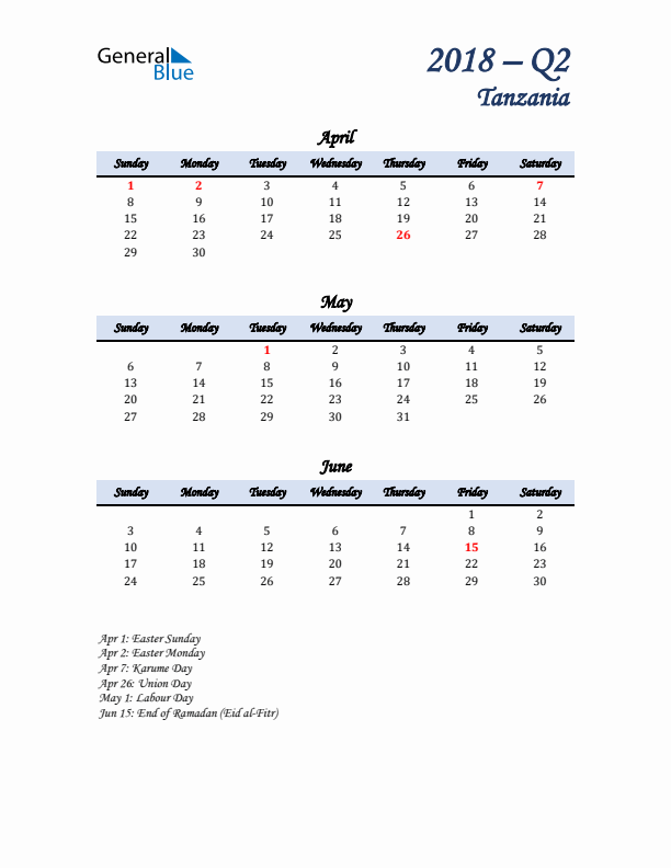 April, May, and June Calendar for Tanzania with Sunday Start