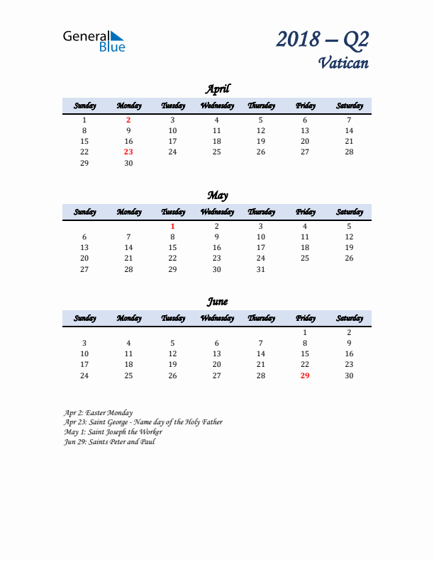 April, May, and June Calendar for Vatican with Sunday Start