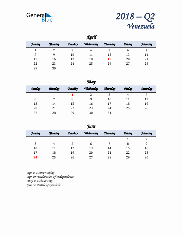 April, May, and June Calendar for Venezuela with Sunday Start