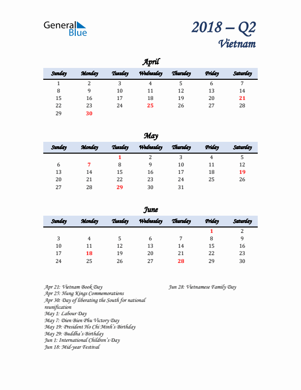 April, May, and June Calendar for Vietnam with Sunday Start