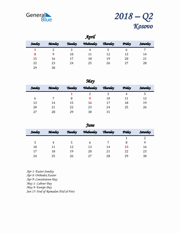 April, May, and June Calendar for Kosovo with Sunday Start