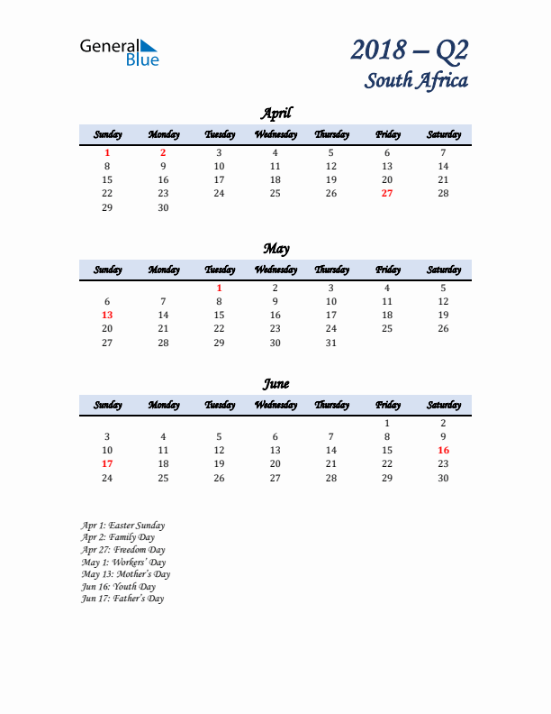 April, May, and June Calendar for South Africa with Sunday Start