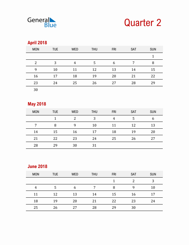 Three-Month Printable Calendar 2018