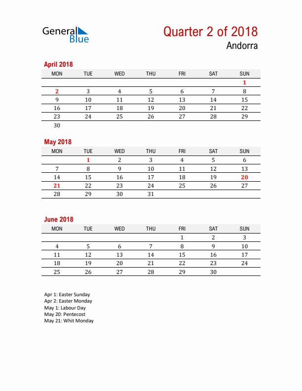 Printable Three Month Calendar with Andorra Holidays