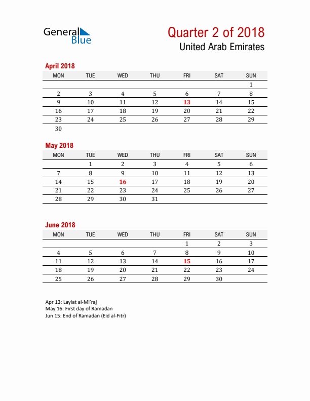 Printable Three Month Calendar with United Arab Emirates Holidays