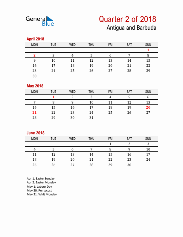 Printable Three Month Calendar with Antigua and Barbuda Holidays