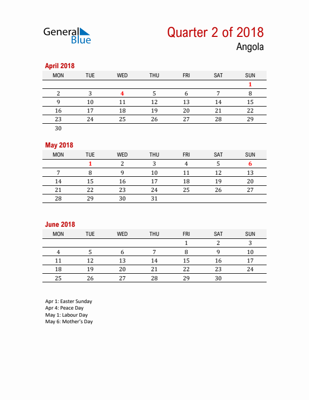 Printable Three Month Calendar with Angola Holidays