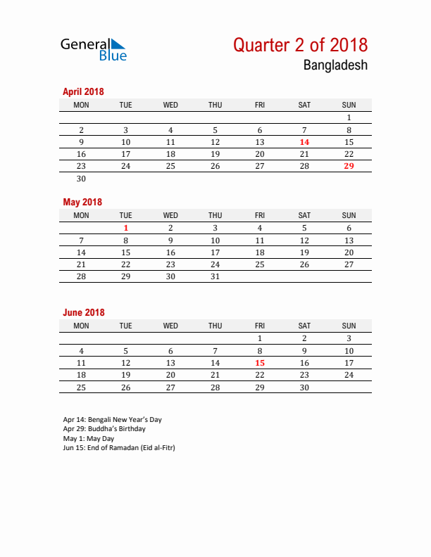 Printable Three Month Calendar with Bangladesh Holidays