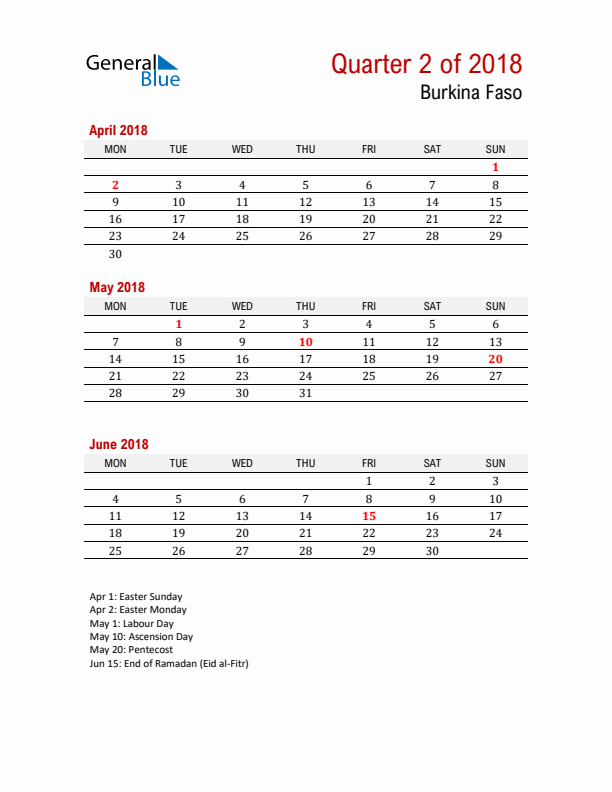 Printable Three Month Calendar with Burkina Faso Holidays