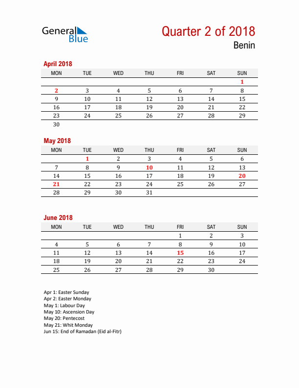 Printable Three Month Calendar with Benin Holidays