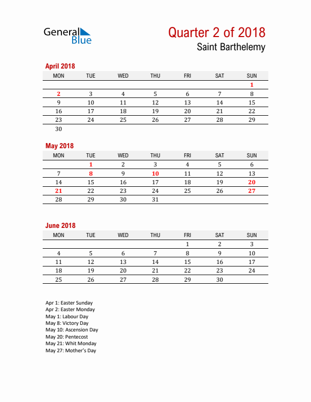 Printable Three Month Calendar with Saint Barthelemy Holidays