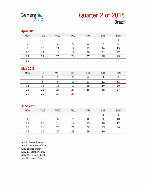 Printable Three Month Calendar with Brazil Holidays