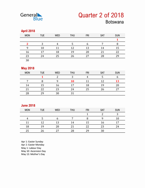 Printable Three Month Calendar with Botswana Holidays