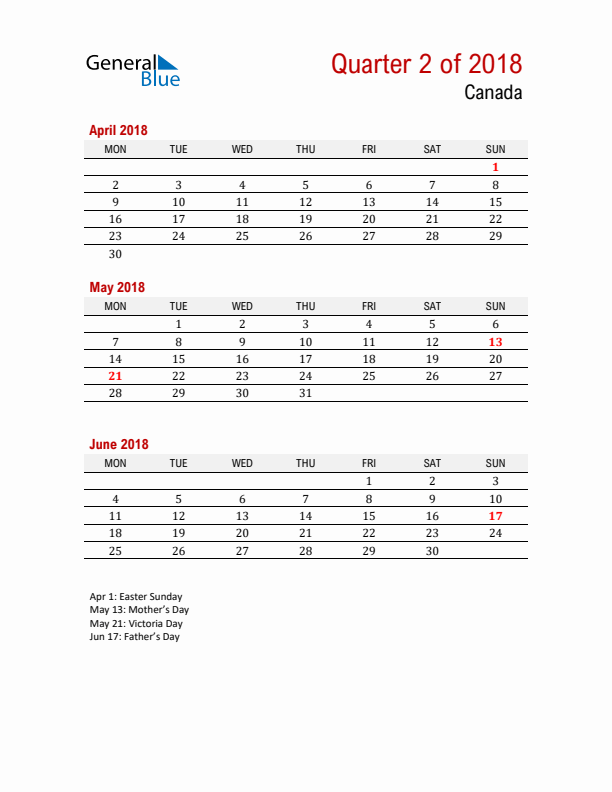 Printable Three Month Calendar with Canada Holidays