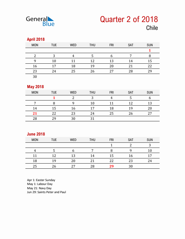 Printable Three Month Calendar with Chile Holidays