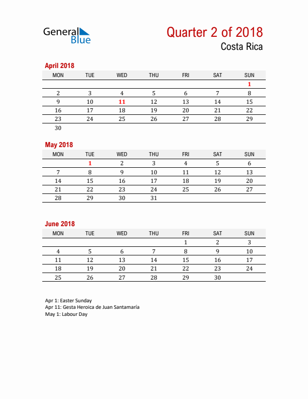 Printable Three Month Calendar with Costa Rica Holidays