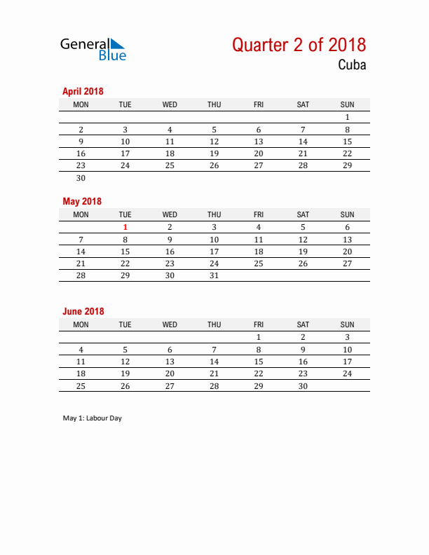 Printable Three Month Calendar with Cuba Holidays