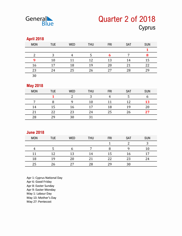 Printable Three Month Calendar with Cyprus Holidays