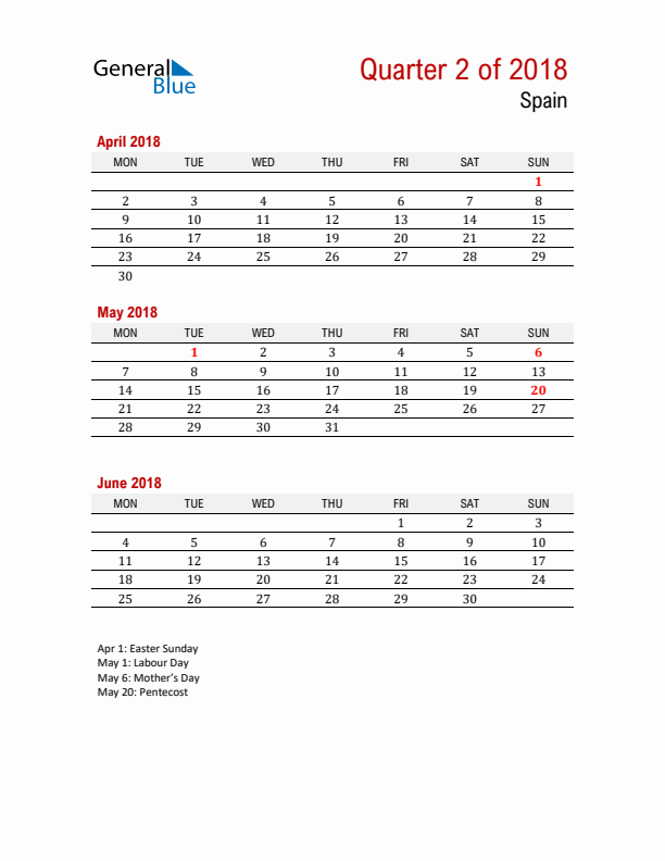 Printable Three Month Calendar with Spain Holidays