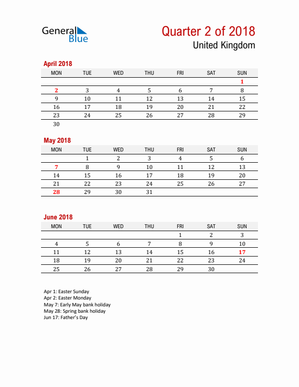 Printable Three Month Calendar with United Kingdom Holidays