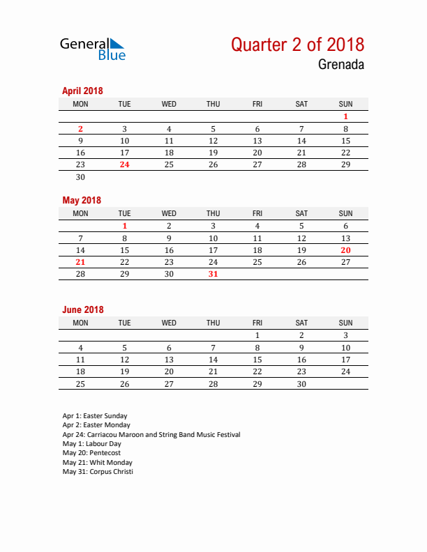 Printable Three Month Calendar with Grenada Holidays