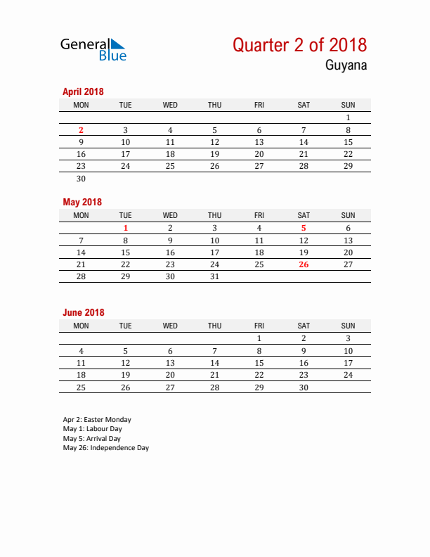 Printable Three Month Calendar with Guyana Holidays