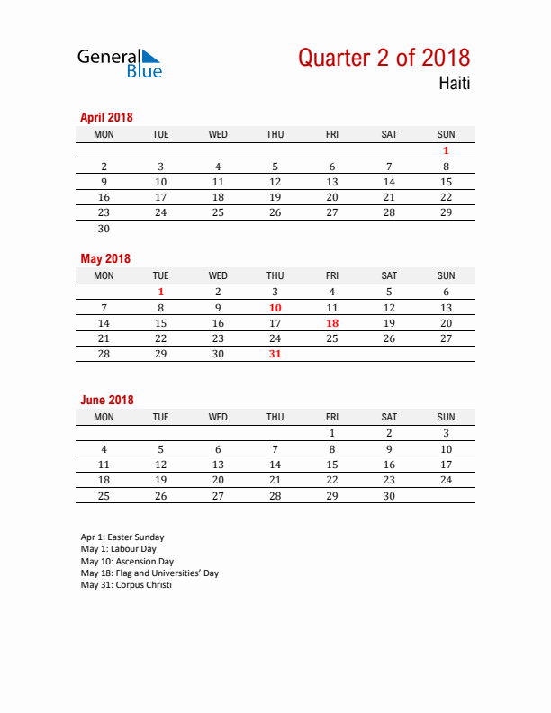 Printable Three Month Calendar with Haiti Holidays