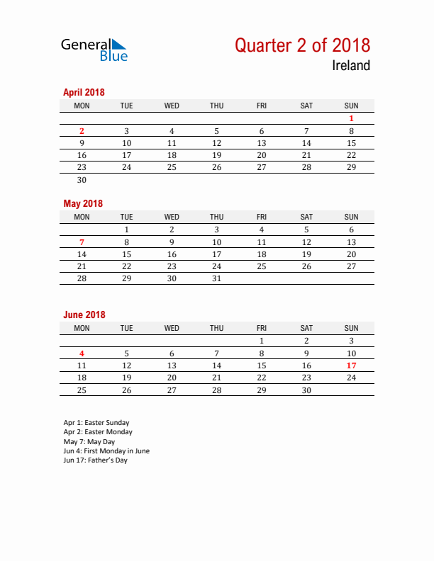 Printable Three Month Calendar with Ireland Holidays