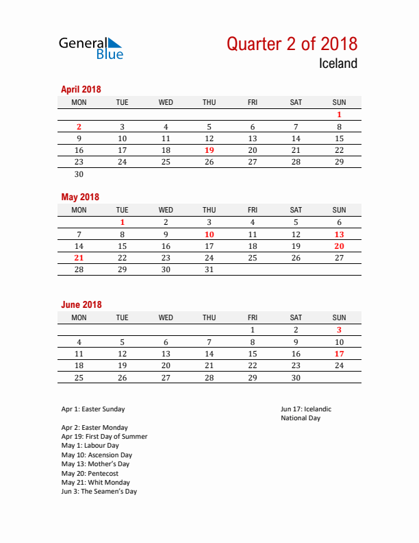 Printable Three Month Calendar with Iceland Holidays