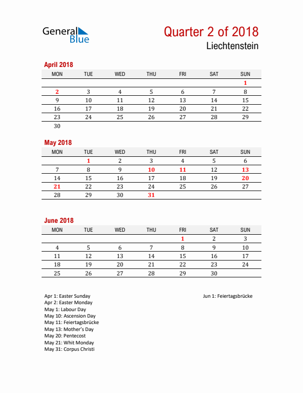 Printable Three Month Calendar with Liechtenstein Holidays