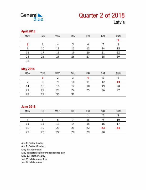 Printable Three Month Calendar with Latvia Holidays