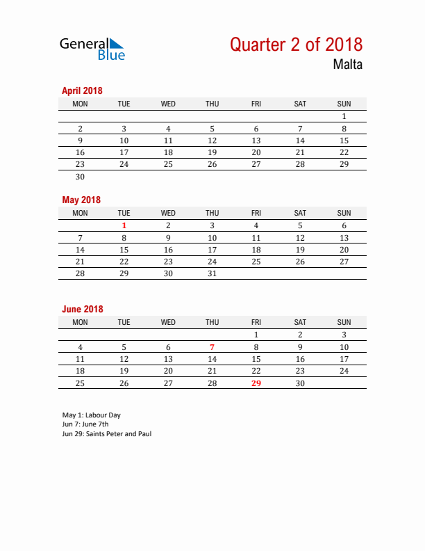 Printable Three Month Calendar with Malta Holidays