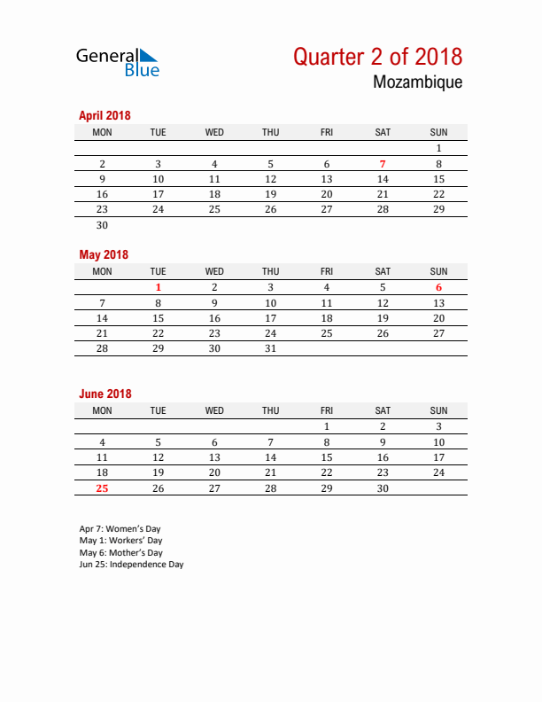 Printable Three Month Calendar with Mozambique Holidays