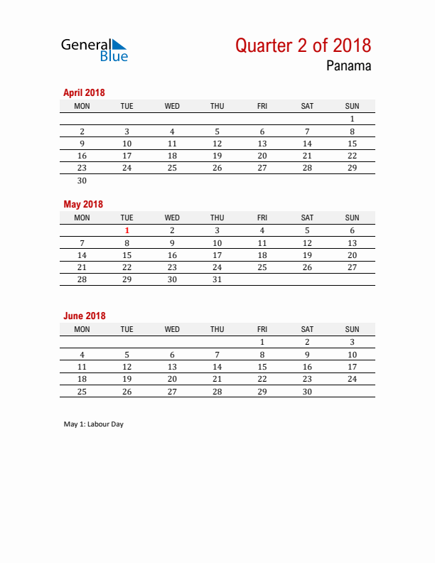 Printable Three Month Calendar with Panama Holidays